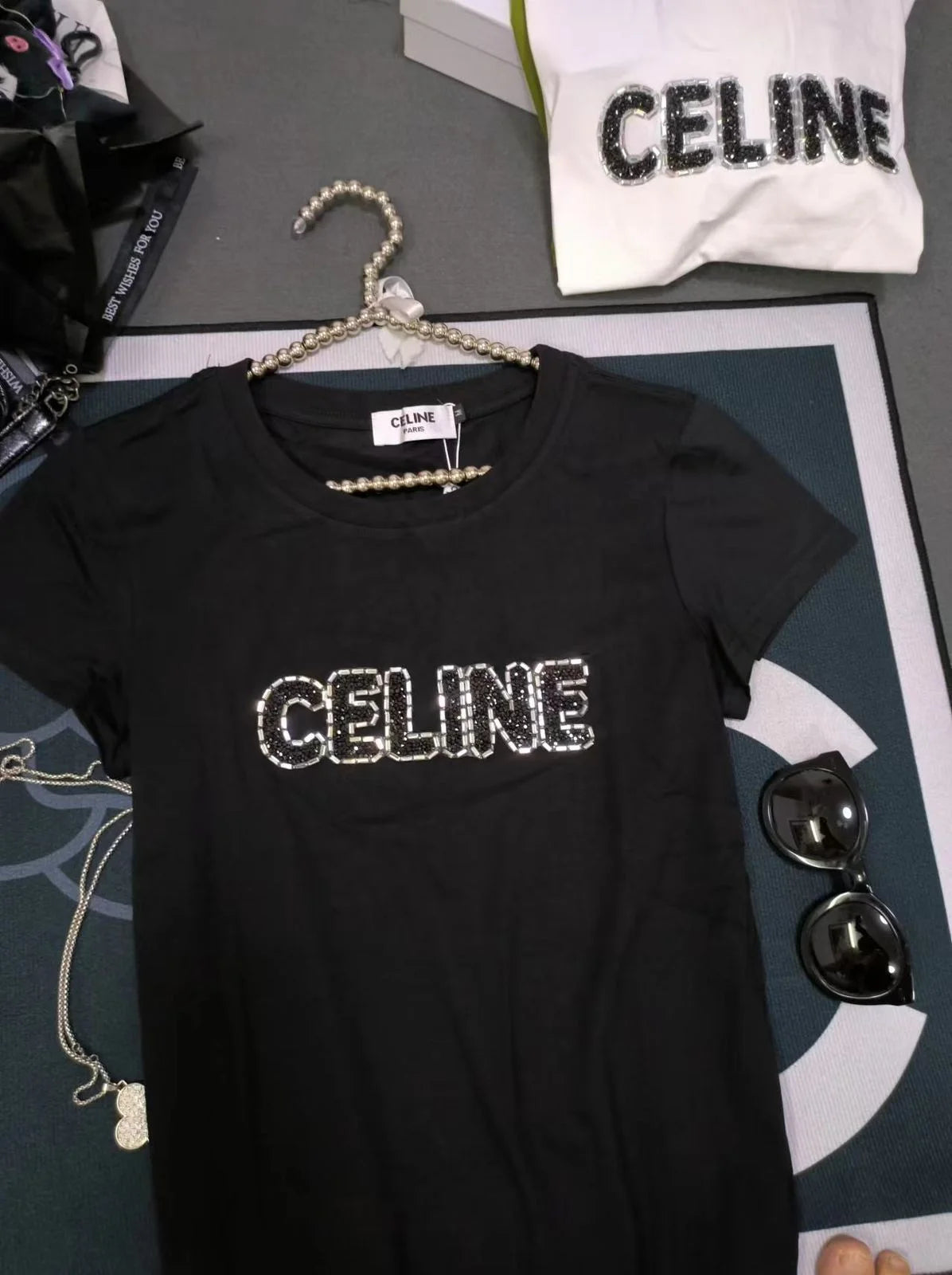 CELINE || Celine Logo Loose Print T-Shirt With Studs For Girls - FASHION MYST 