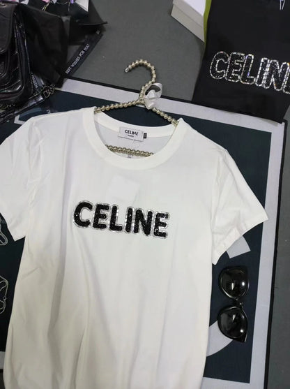 CELINE || Celine Logo Loose Print T-Shirt With Studs For Girls - FASHION MYST 