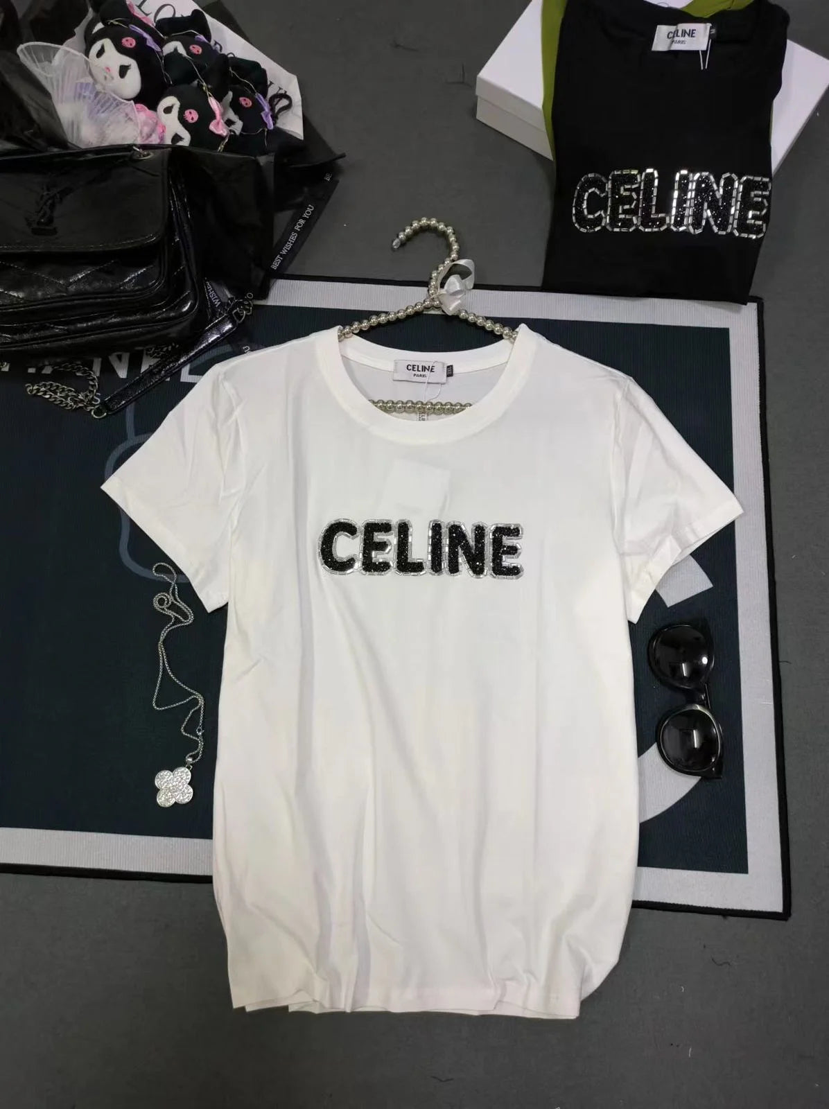 CELINE || Celine Logo Loose Print T-Shirt With Studs For Girls - FASHION MYST 