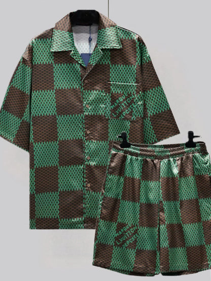 LOUIS VUITTON || Green Silk Damier Print Short & Shirt Co-Ordinate Set