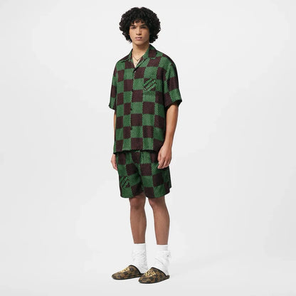 LOUIS VUITTON || Green Silk Damier Print Short & Shirt Co-Ordinate Set