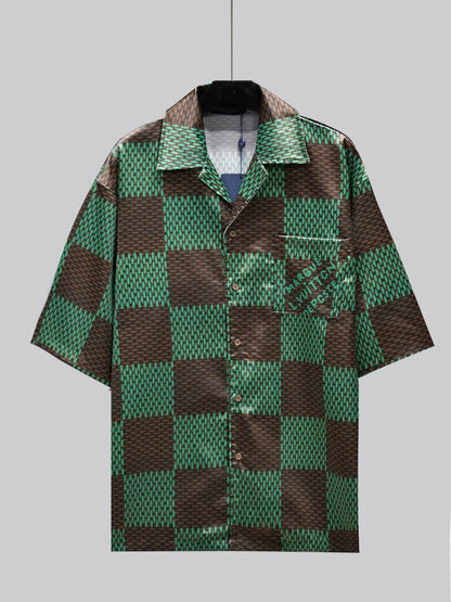 LOUIS VUITTON || Green Silk Damier Print Short & Shirt Co-Ordinate Set