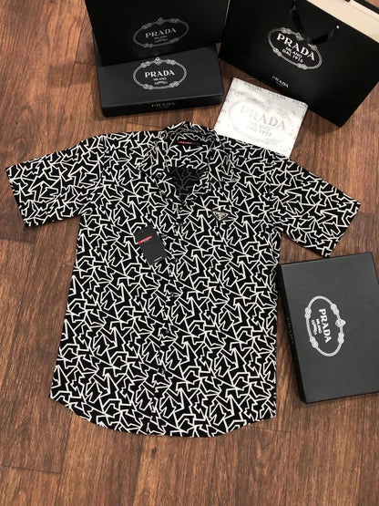 PRADA || Black and White Scribble Print Slim Fit Short Sleeve Shirt