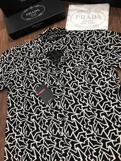 PRADA || Black and White Scribble Print Slim Fit Short Sleeve Shirt