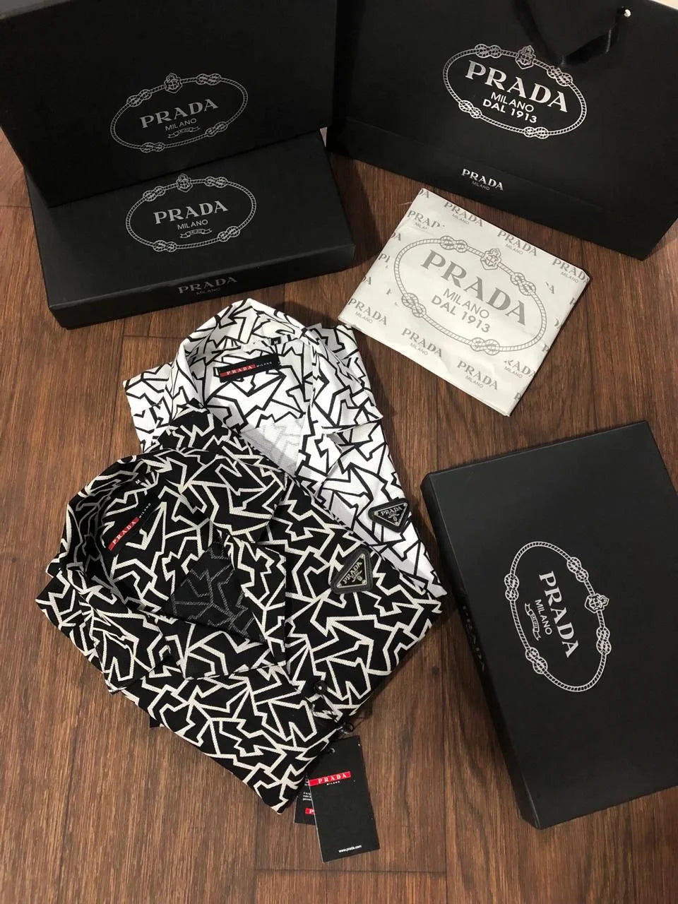 PRADA || Black and White Scribble Print Slim Fit Short Sleeve Shirt