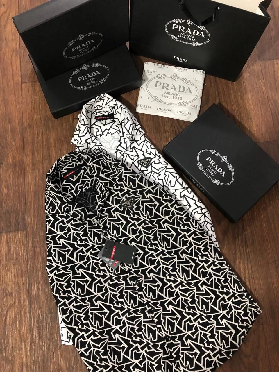 PRADA || Black and White Scribble Print Slim Fit Short Sleeve Shirt