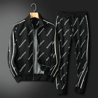 BALENCIAGA || Black Allover Logo Intarsia Knit Zip Detail Tracksuit