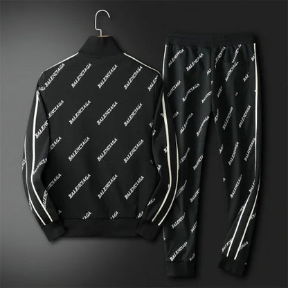 BALENCIAGA || Black Allover Logo Intarsia Knit Zip Detail Tracksuit