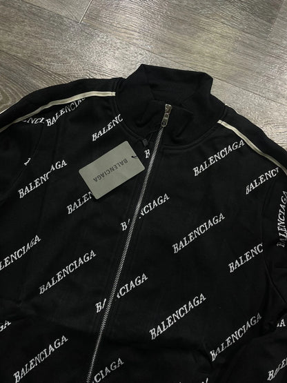 BALENCIAGA || Black Allover Logo Intarsia Knit Zip Detail Tracksuit