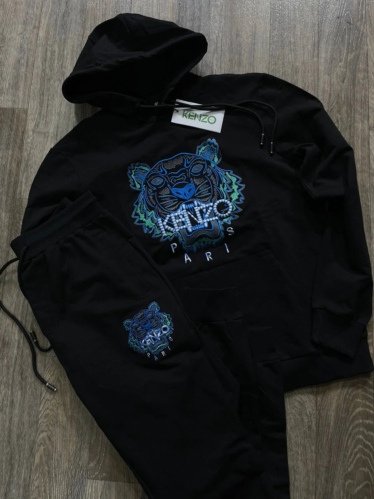 KENZO || Hooded Tiger Embossed Tracksuit In Black/Blue/White