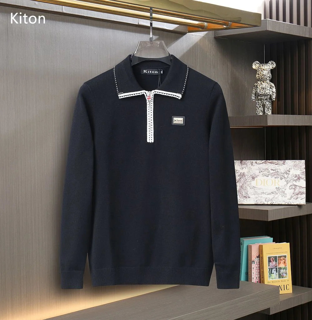 KITON || Organic Piquet Cotton Regular Fit Solid Polo Sweatshirt