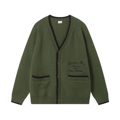 CRISTIAN DIOR || Men's Wool Jersey Olive Green Cardigan For Men