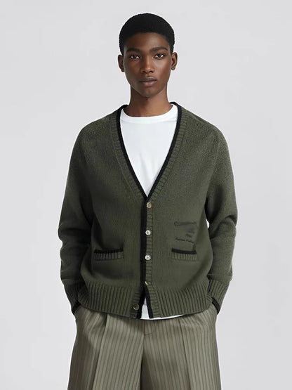 CRISTIAN DIOR || Men's Wool Jersey Olive Green Cardigan For Men