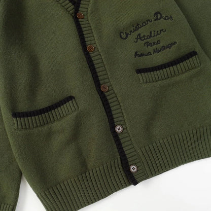 CRISTIAN DIOR || Men's Wool Jersey Olive Green Cardigan For Men