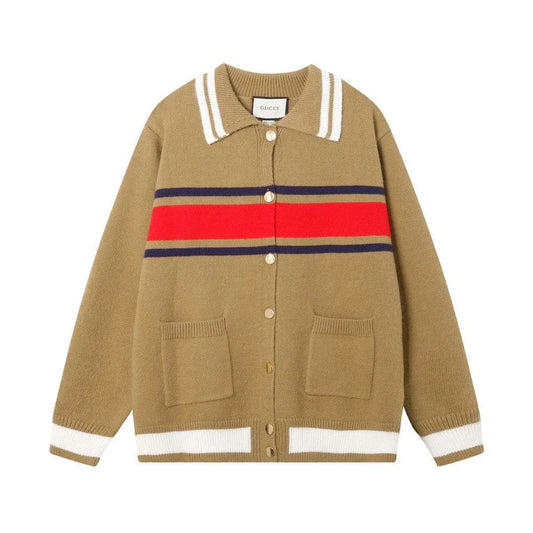 GUCCI || TECHNICAL JERSEY CARDIGAN WITH WEB STRIPE IN BROWN