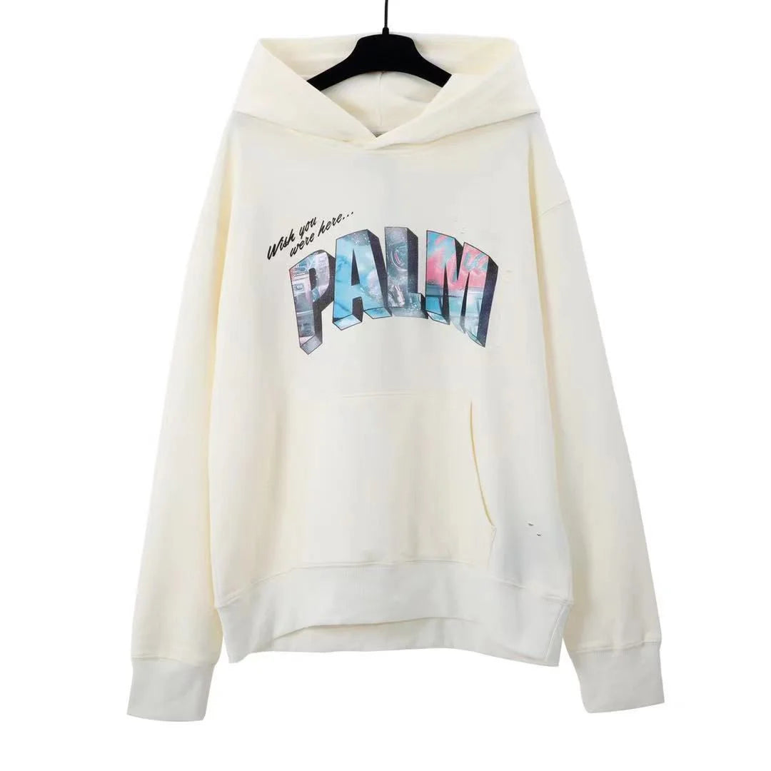 PALM ANGELS || Palm Logo  Off-White Printed Rugged Hoodie