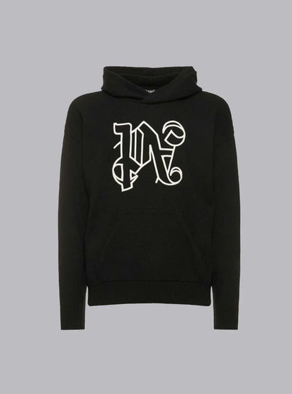 PALM ANGELS || Monogram-Embroidered Knitted Black Hoodie