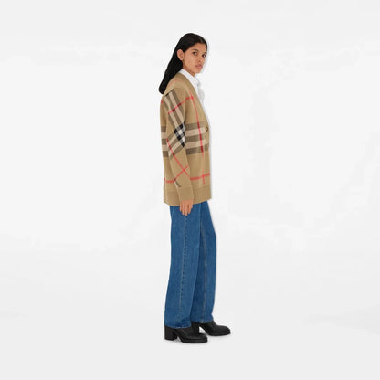 BURBERRY || Check Wool Blend Cardigan Oversized Fit Archive Beige