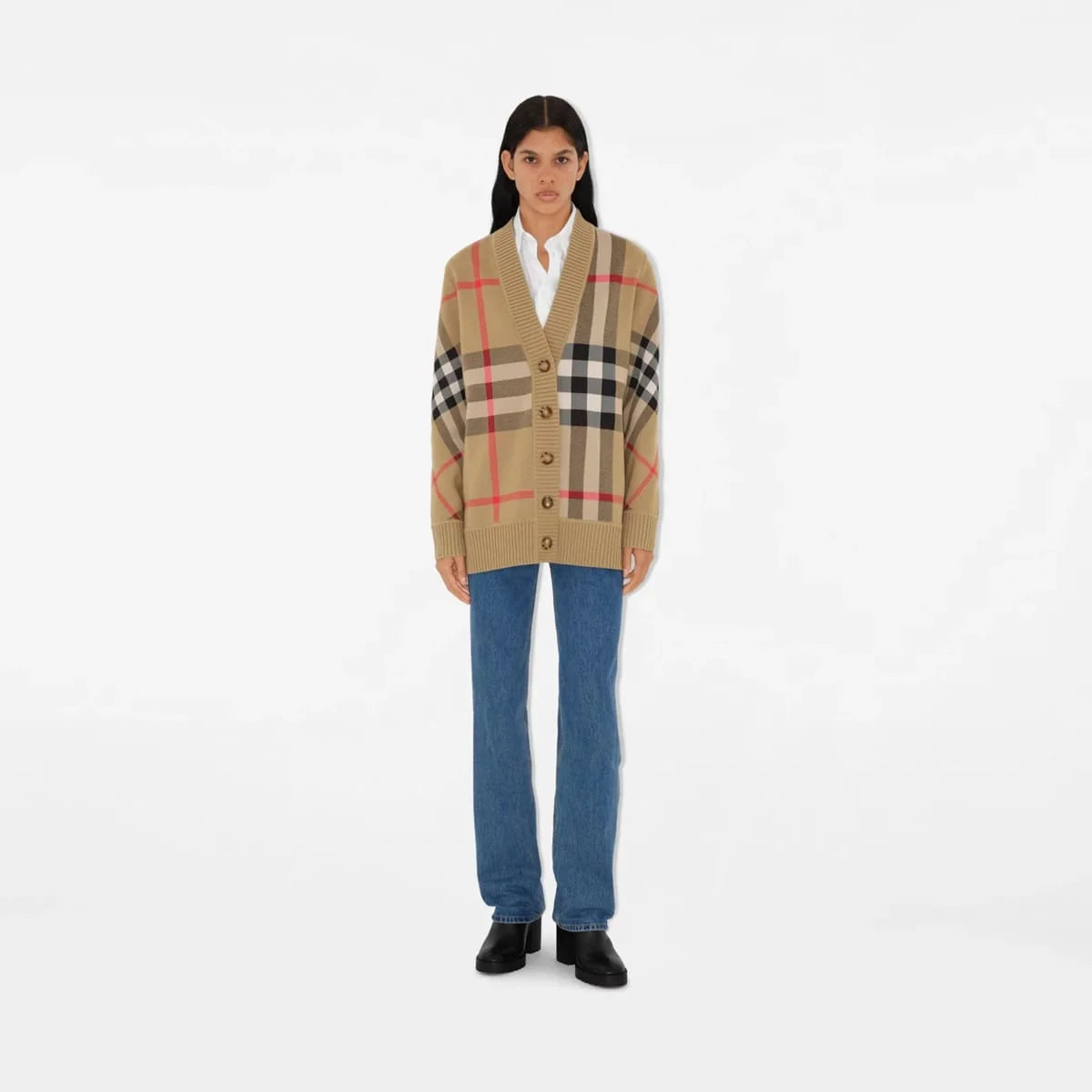 BURBERRY || Check Wool Blend Cardigan Oversized Fit Archive Beige