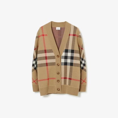 BURBERRY || Check Wool Blend Cardigan Oversized Fit Archive Beige