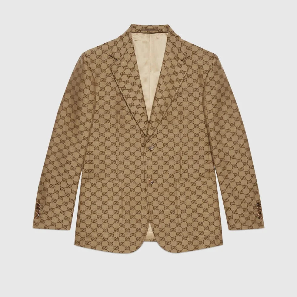 GUCCI || GG Linen Blend Canvas Formal Jacket & Pant Set  In Camel And Ebony