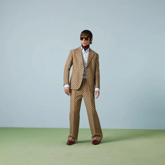 GUCCI || GG Linen Blend Canvas Formal Jacket & Pant Set  In Camel And Ebony