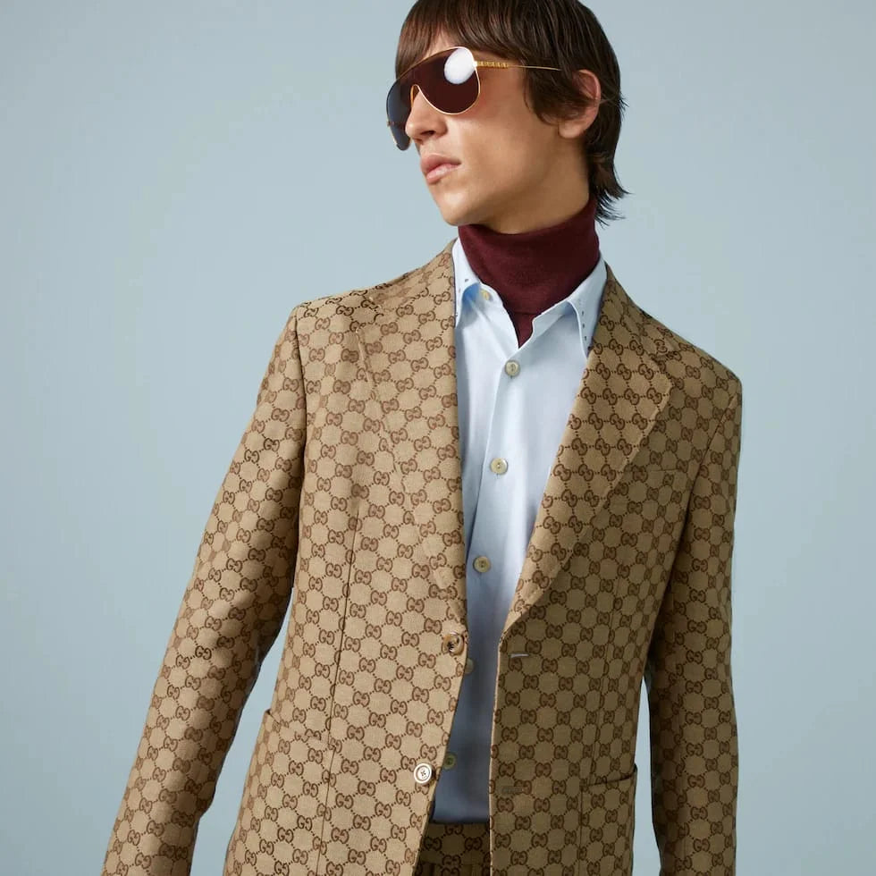 GUCCI || GG Linen Blend Canvas Formal Jacket & Pant Set  In Camel And Ebony