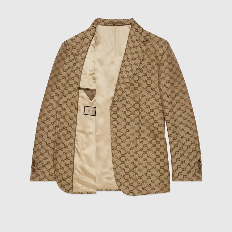 GUCCI || GG Linen Blend Canvas Formal Jacket & Pant Set  In Camel And Ebony