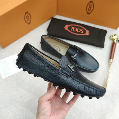 TODS || Black T-Buckle Milled Moccasins Leather Shoes