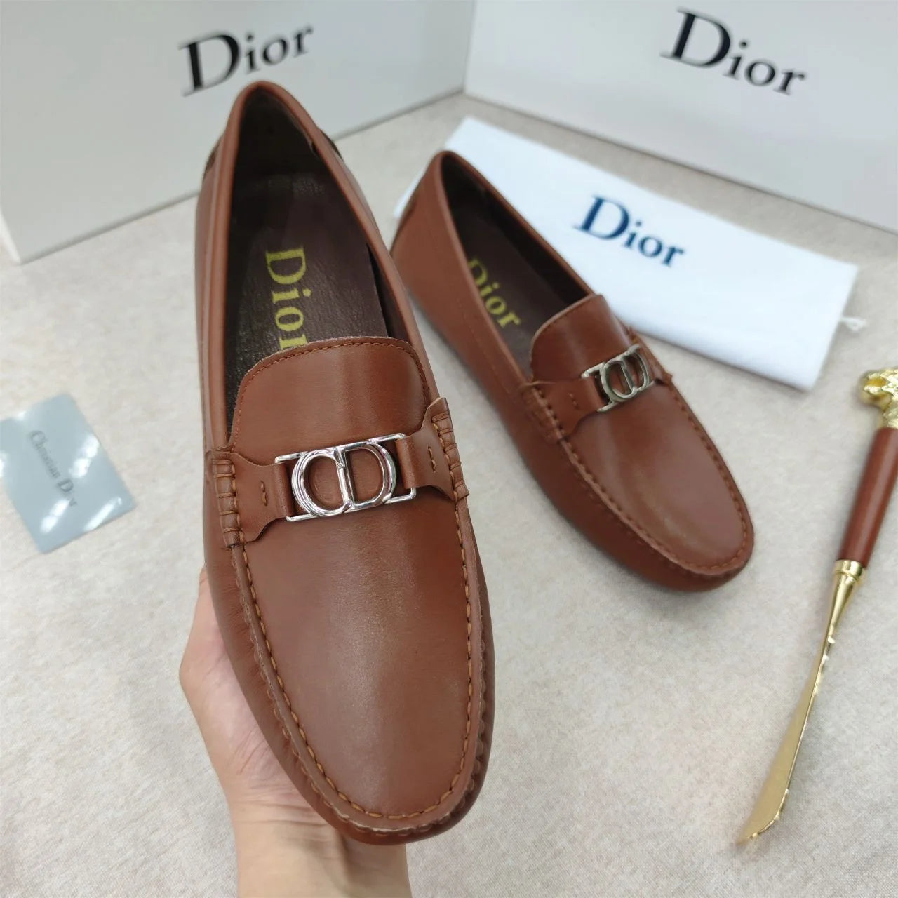 CHRISTIAN DIOR || Metallic Logo Solid Martia Brown Loafer