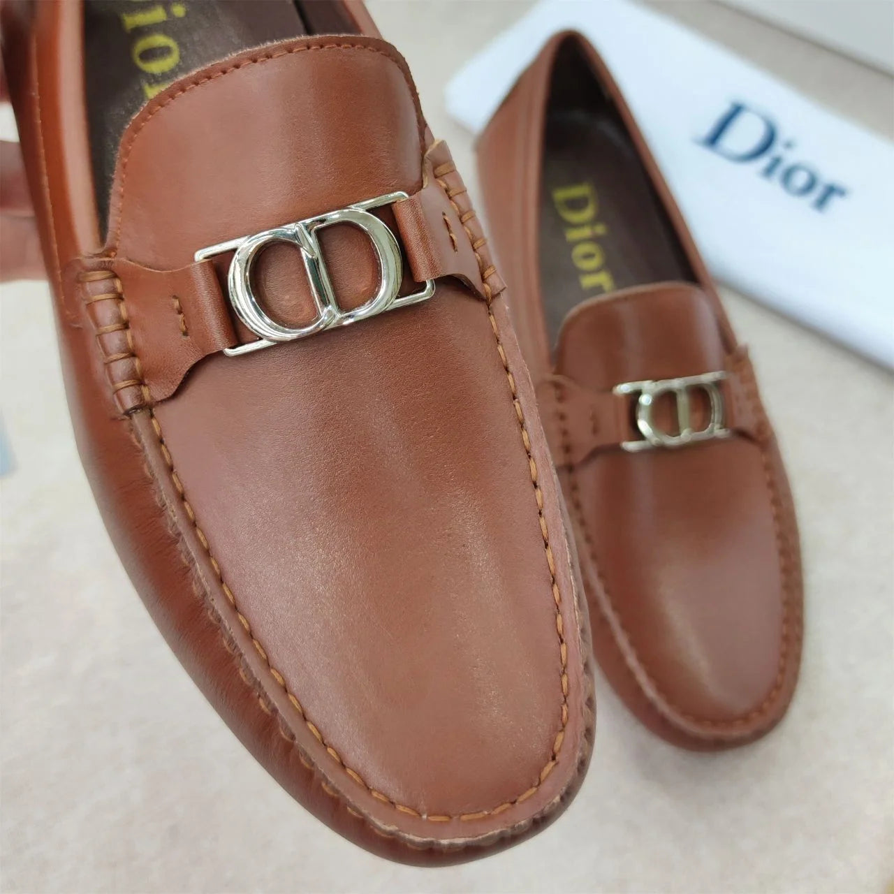 CHRISTIAN DIOR || Metallic Logo Solid Martia Brown Loafer