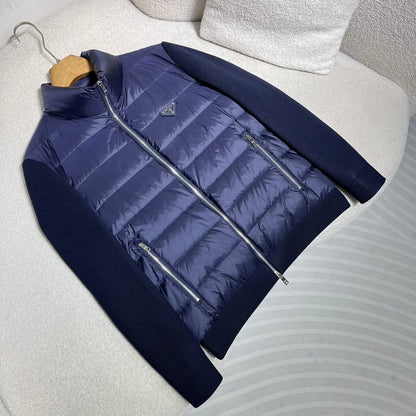 PRADA || Navy Blue Padded High-Neck Bomber Jacket