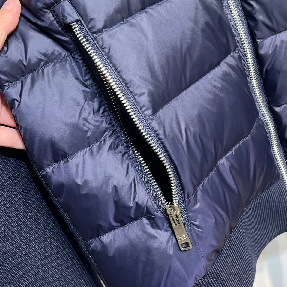 PRADA || Navy Blue Padded High-Neck Bomber Jacket