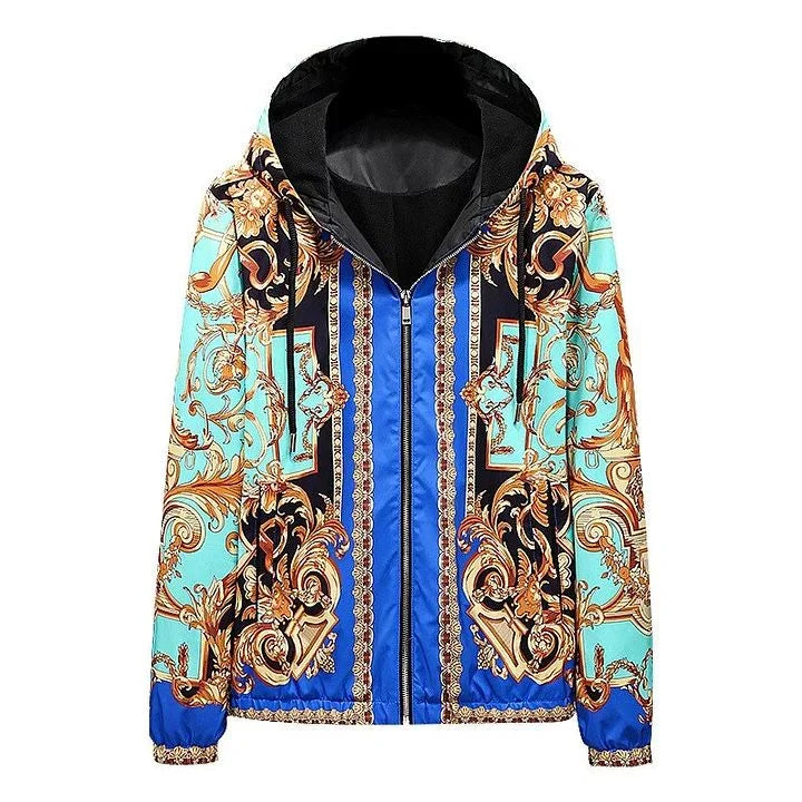 VERSACE || Eros Baroque Printed Blue Golden Zip Up Bomber Jacket