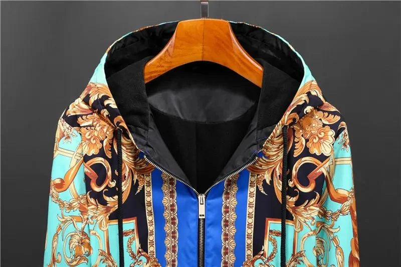 VERSACE || Eros Baroque Printed Blue Golden Zip Up Bomber Jacket