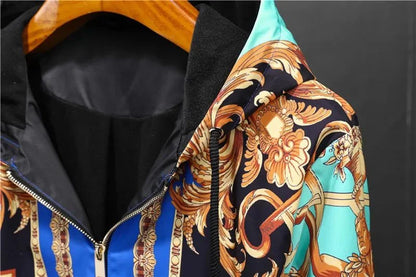 VERSACE || Eros Baroque Printed Blue Golden Zip Up Bomber Jacket