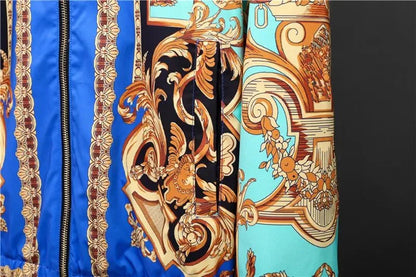 VERSACE || Eros Baroque Printed Blue Golden Zip Up Bomber Jacket