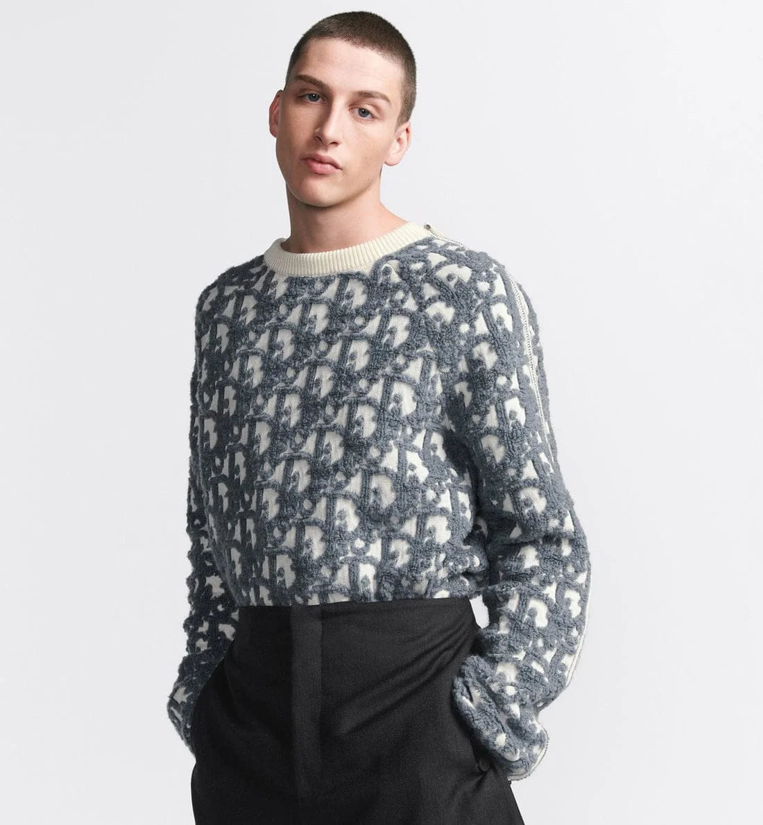 CHRISTIAN DIOR || Oblique Sweater White and Light Grey Virgin Wool And Cotton-Blend Jacquard