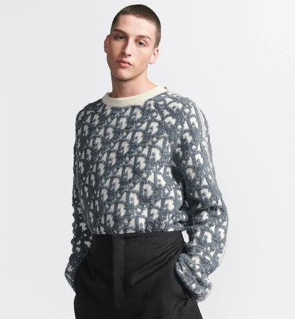 CHRISTIAN DIOR || Oblique Sweater White and Light Grey Virgin Wool And Cotton-Blend Jacquard