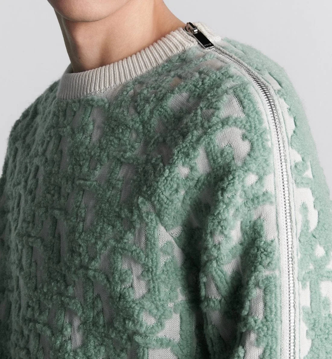 CHRISTIAN DIOR || Oblique Sweater White and Light Green Virgin Wool And Cotton-Blend Jacquard