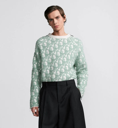 CHRISTIAN DIOR || Oblique Sweater White and Light Green Virgin Wool And Cotton-Blend Jacquard