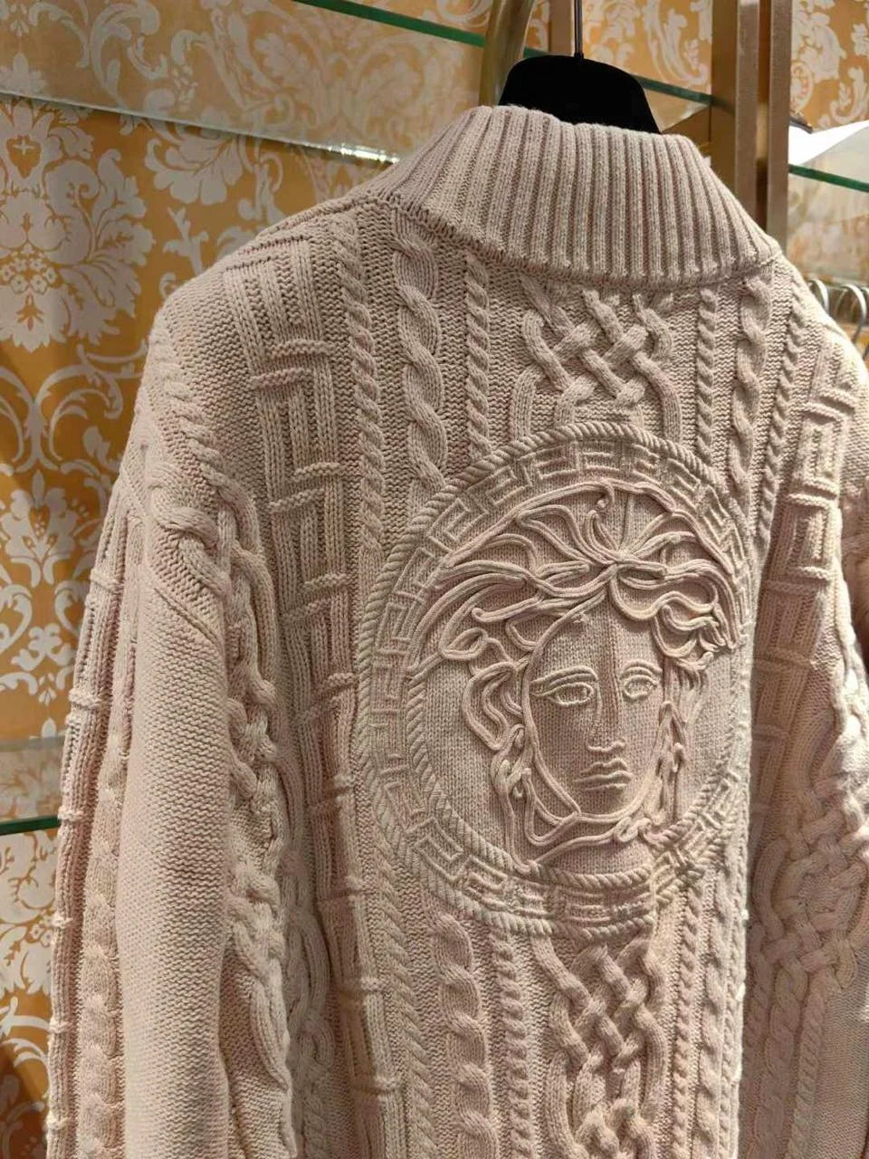 VERSACE || Medusa Embroidered Cable Knit Virgin Wool Jumper In Sand Color