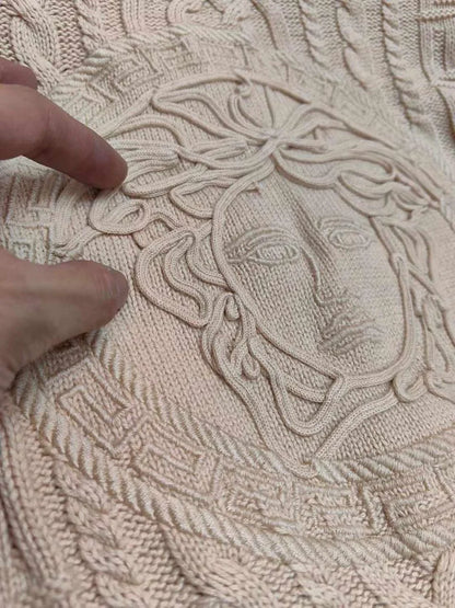 VERSACE || Medusa Embroidered Cable Knit Virgin Wool Jumper In Sand Color