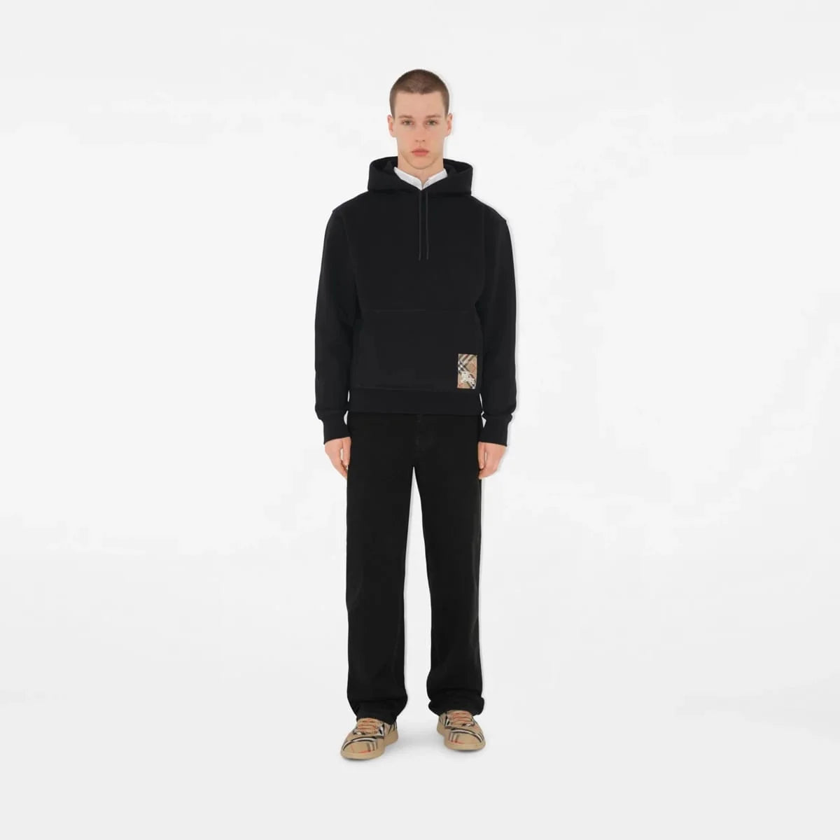 BURBERRY || Check Label Cotton Hoodie in Black - Men