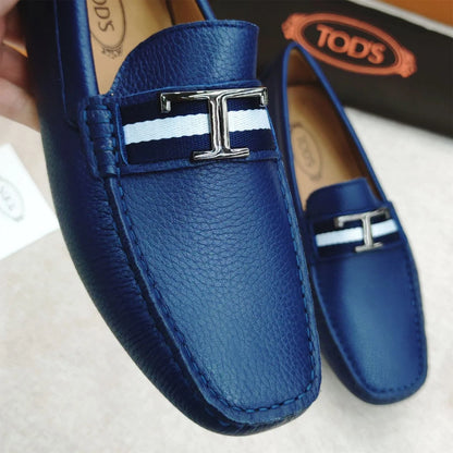 TODS || Metal T Logo-Plaque Leather Loafers / Blue