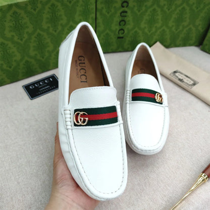 GUCCI || White Leather Horsebit Web Detail GG Metal Logo Loafers