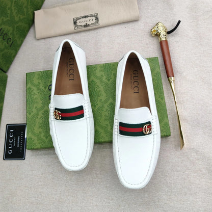 GUCCI || White Leather Horsebit Web Detail GG Metal Logo Loafers