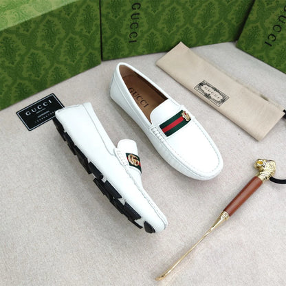 GUCCI || White Leather Horsebit Web Detail GG Metal Logo Loafers