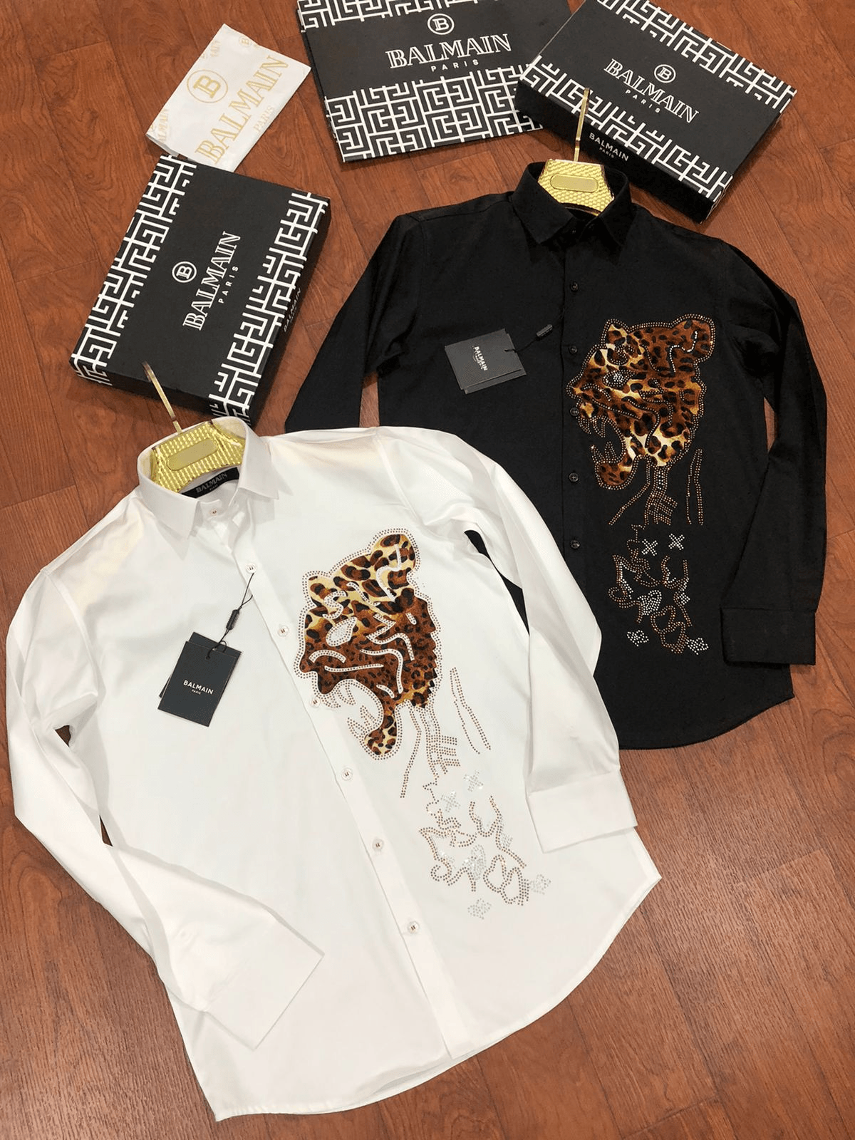 BALMAIN || Swarovski Leopard Logo Printed Club Wear Shirt 
