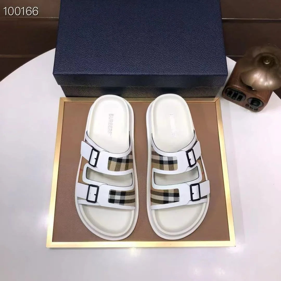 BURBERRY || Checkered Double Strape Sandal White Slides  display picture 1